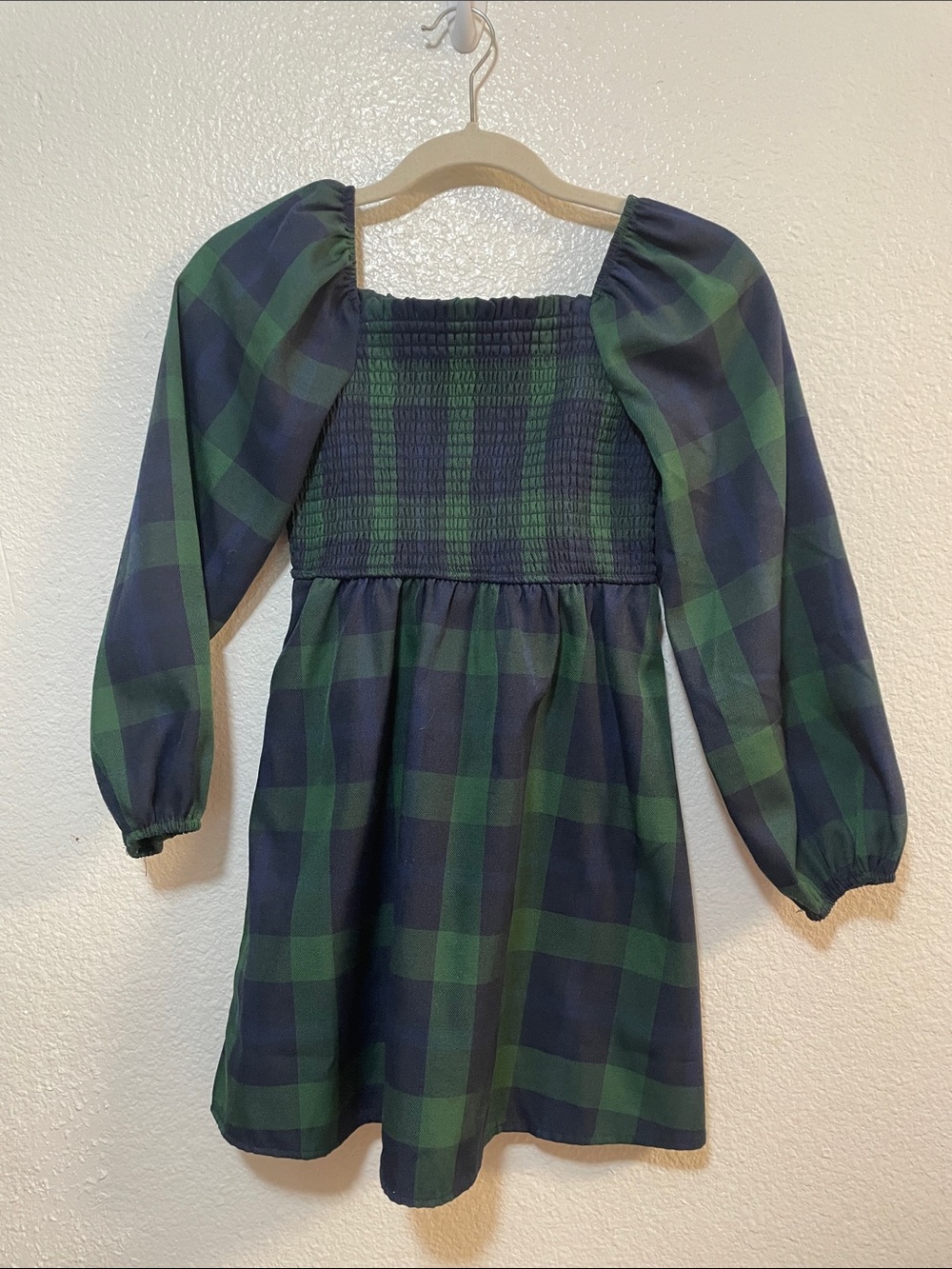 Girls' Green & Navy Plaid Smocked Square-Neck Dress